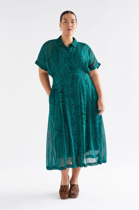 Krava Sheer Short Sleeve Midi Print Shirt Dress Model Front Curve | MALACHITE PRINT