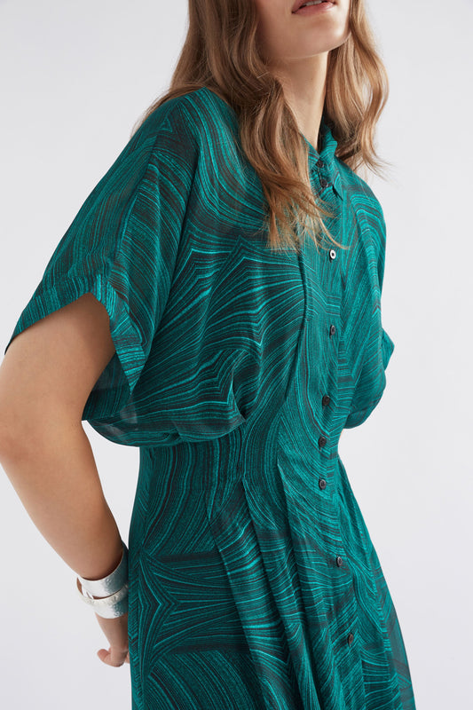 Krava Sheer Short Sleeve Midi Print Shirt Dress Model 
Side Detail | MALACHITE PRINT