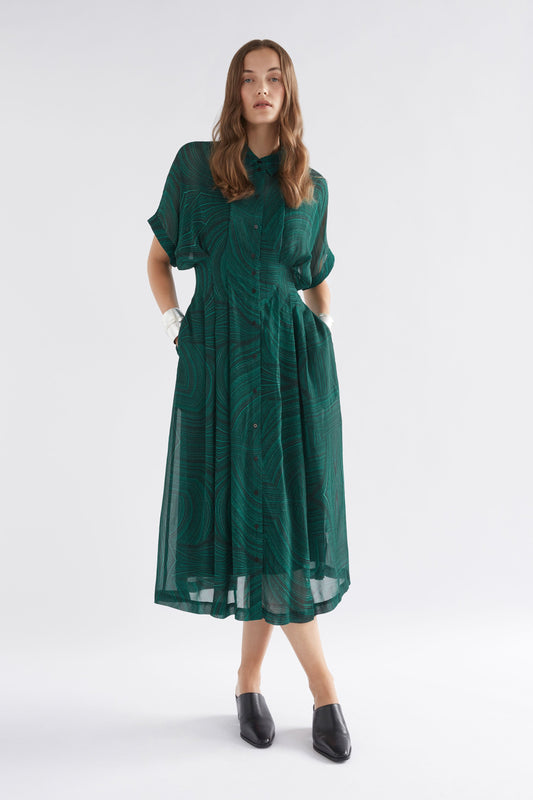 Krava Sheer Short Sleeve Midi Print Shirt Dress Model Front | MALACHITE PRINT