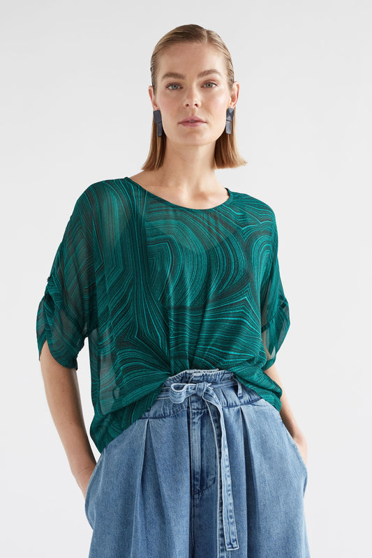 Krava Sheer Print Batwing Top Model Front | MALACHITE PRINT