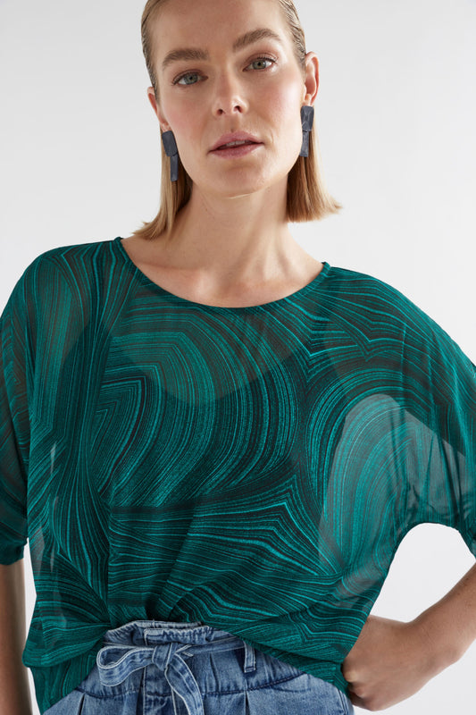 Krava Sheer Print Batwing Top Model Front Detail | MALACHITE PRINT