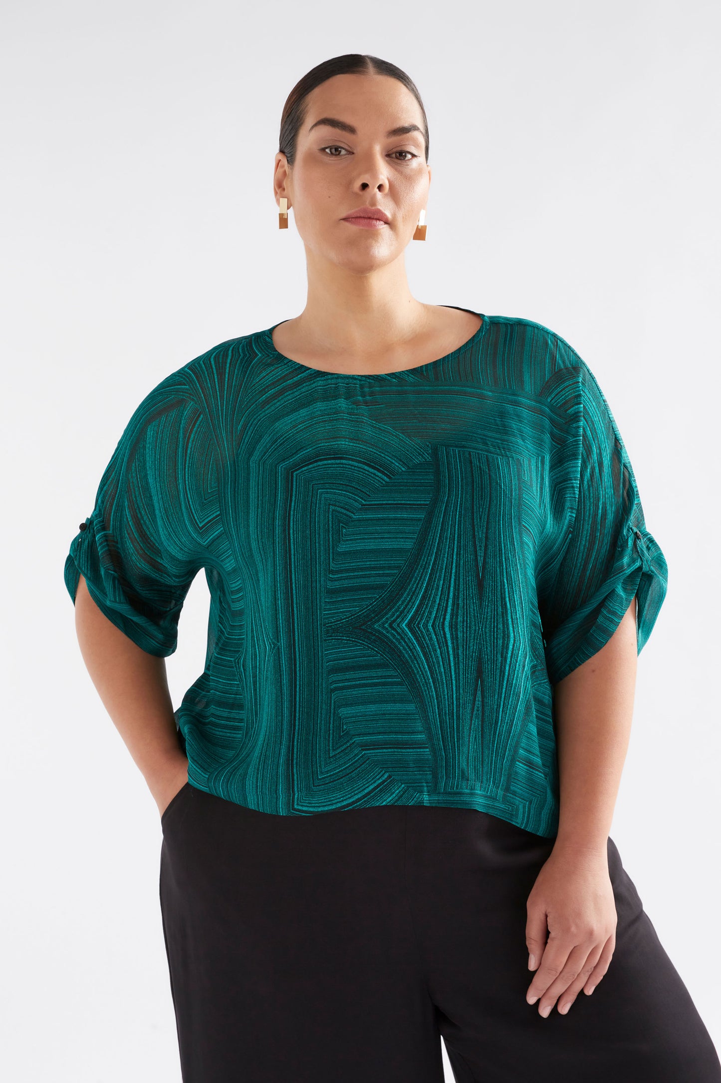 Krava Sheer Print Batwing Top Model Front CURVE crop | MALACHITE PRINT