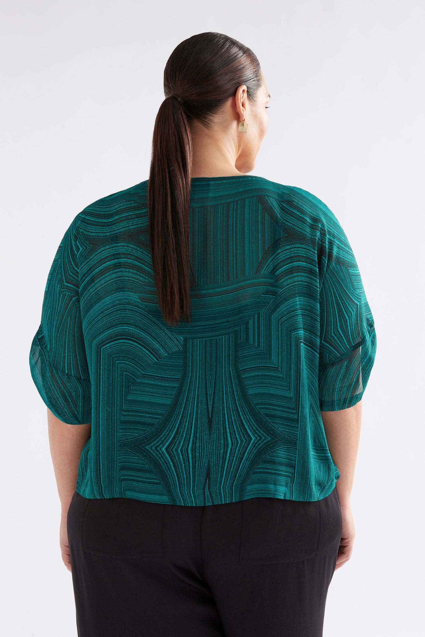 Krava Sheer Print Batwing Top Model CURVE back | MALACHITE PRINT