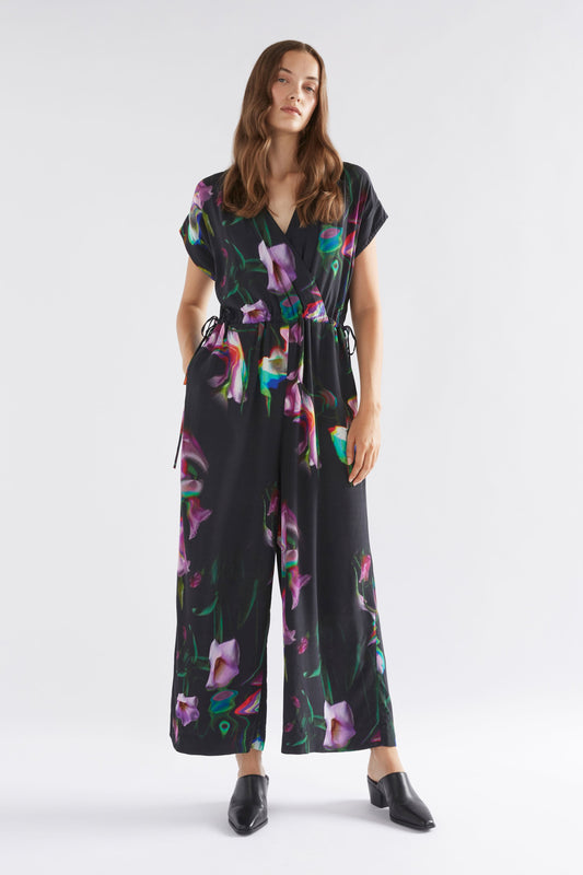 Finna V-Neck Wrap Style Short Sleeve Long Leg Silky Print Jumpsuit Model Front | CALLA PRINT