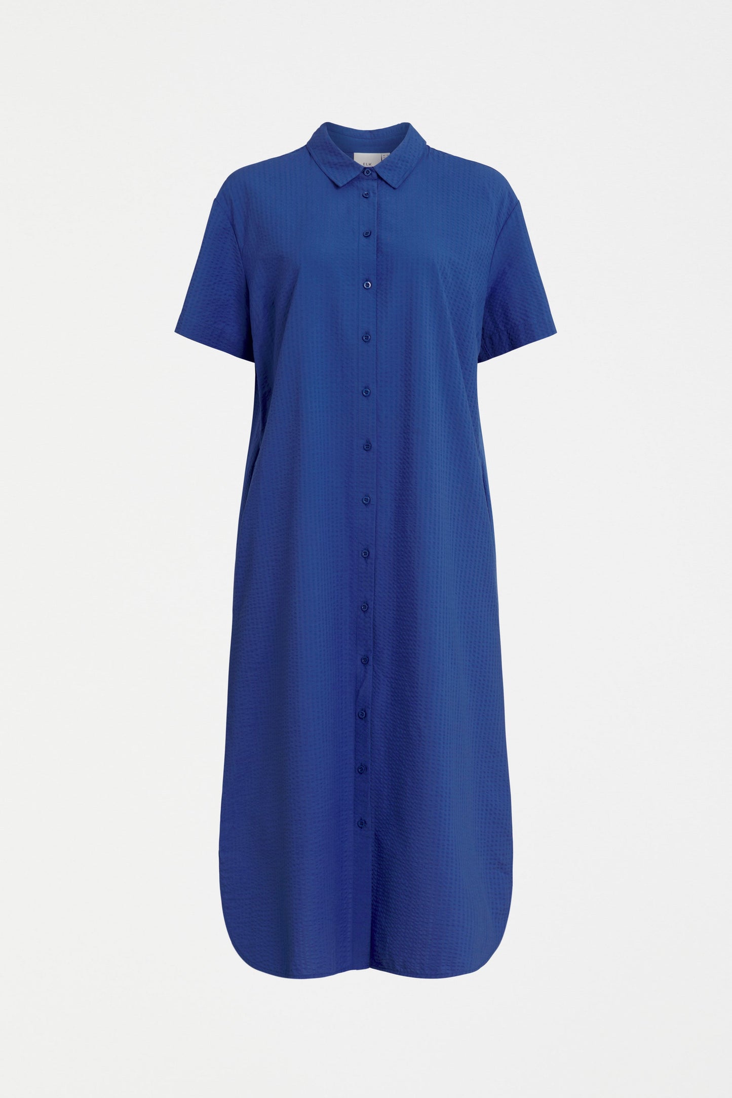 Vaihe Organic Cotton Seersucker Midi Short Sleeve Shirt Dress Front | COBALT