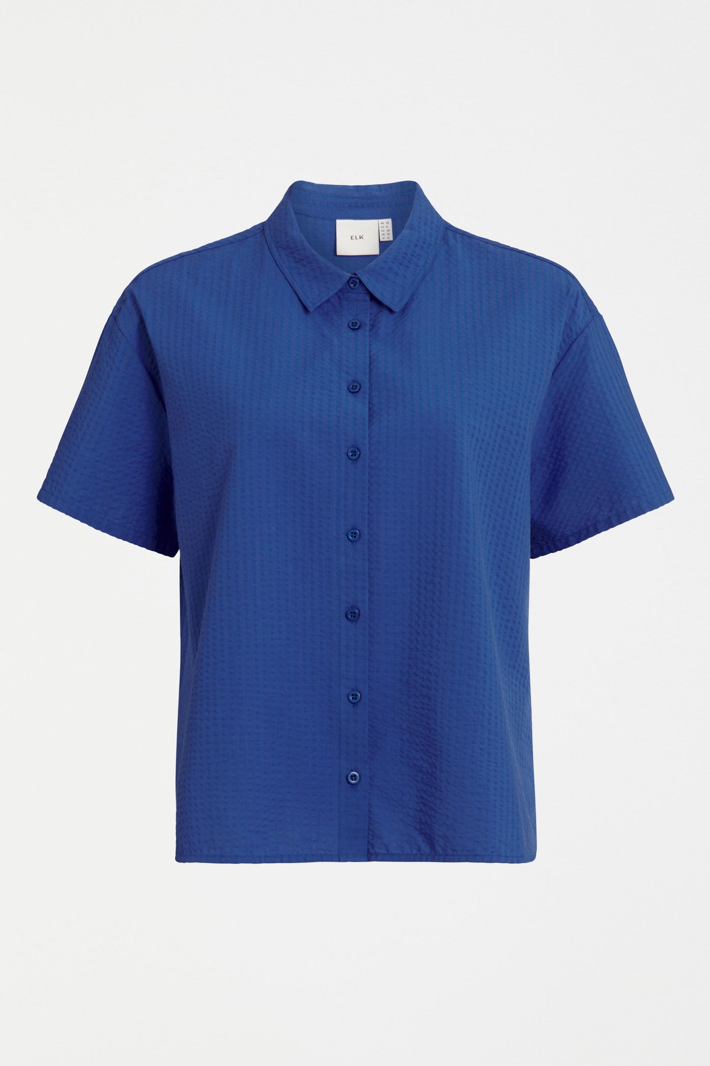 Vaihe Organic Cotton Seersucker High-Low-Hem Short Sleeve Shirt  Front | COBALT