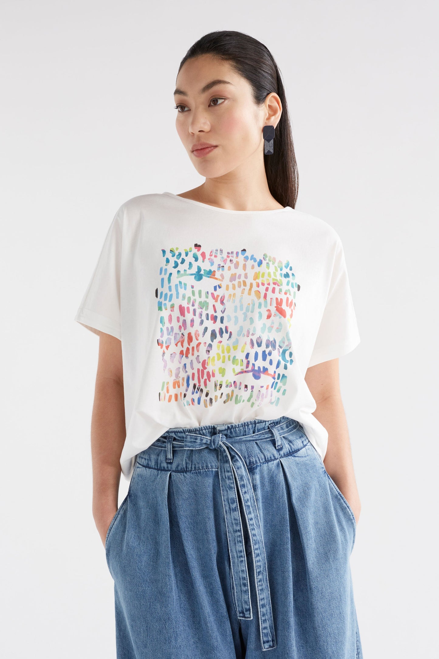 Bruk Brush Stroke Placement Print Organic Cotton Tee Model Front | MULTI TROPEA PLACEMENT PRINT