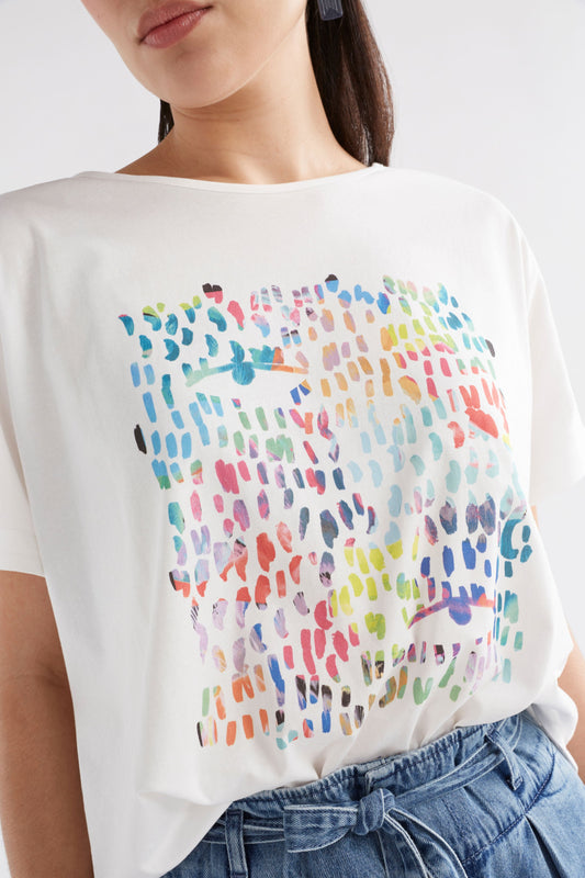 Bruk Brush Stroke Placement Print Organic Cotton Tee Model Front detail | MULTI TROPEA PLACEMENT PRINT