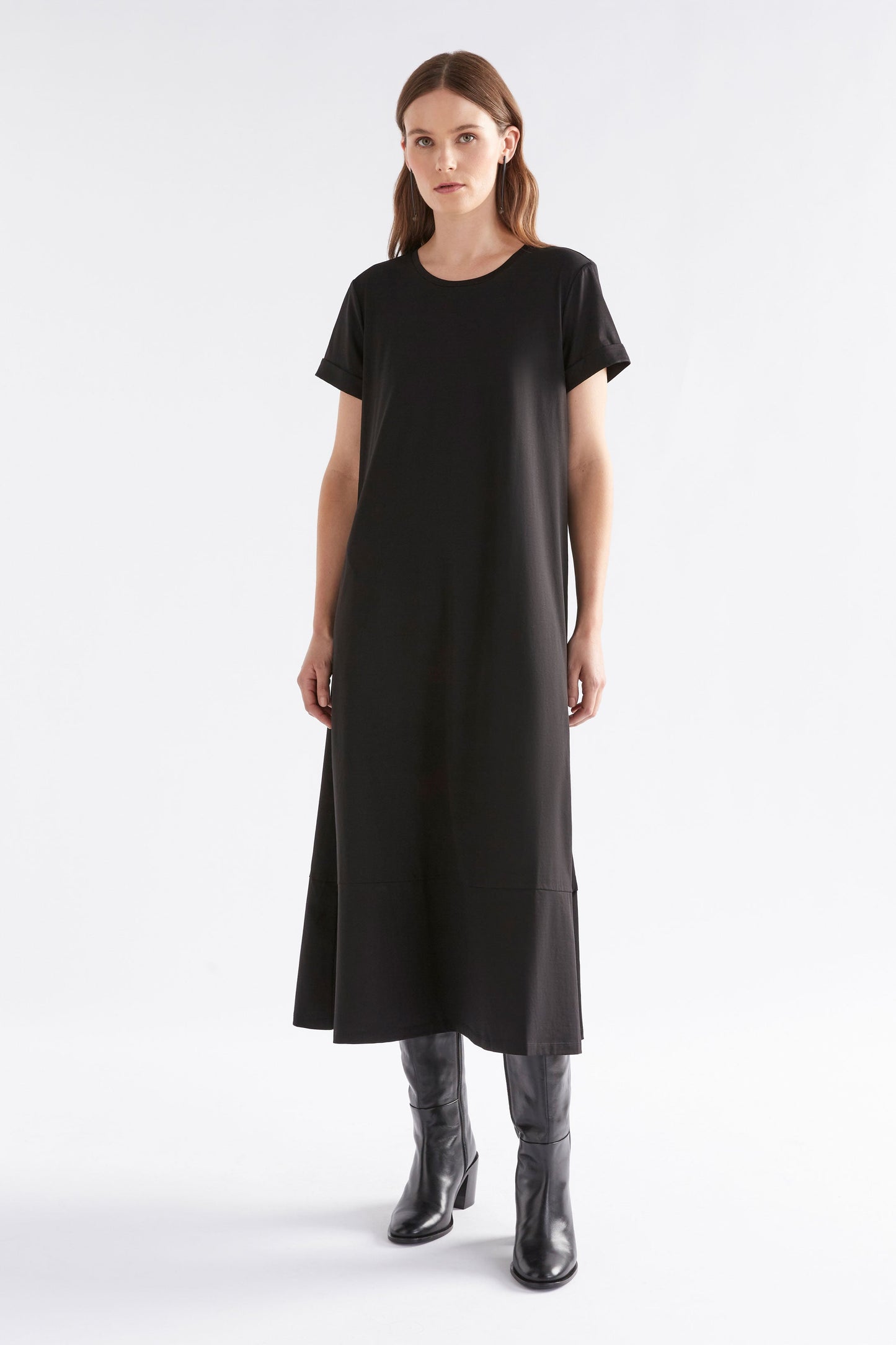 Haki Long Organic Cotton Jersey Tshirt Dress Model Front | BLACK