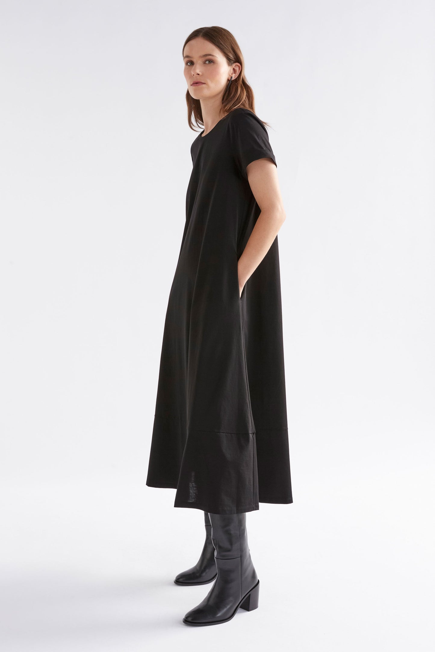 Haki Long Organic Cotton Jersey Tshirt Dress Model Side | BLACK