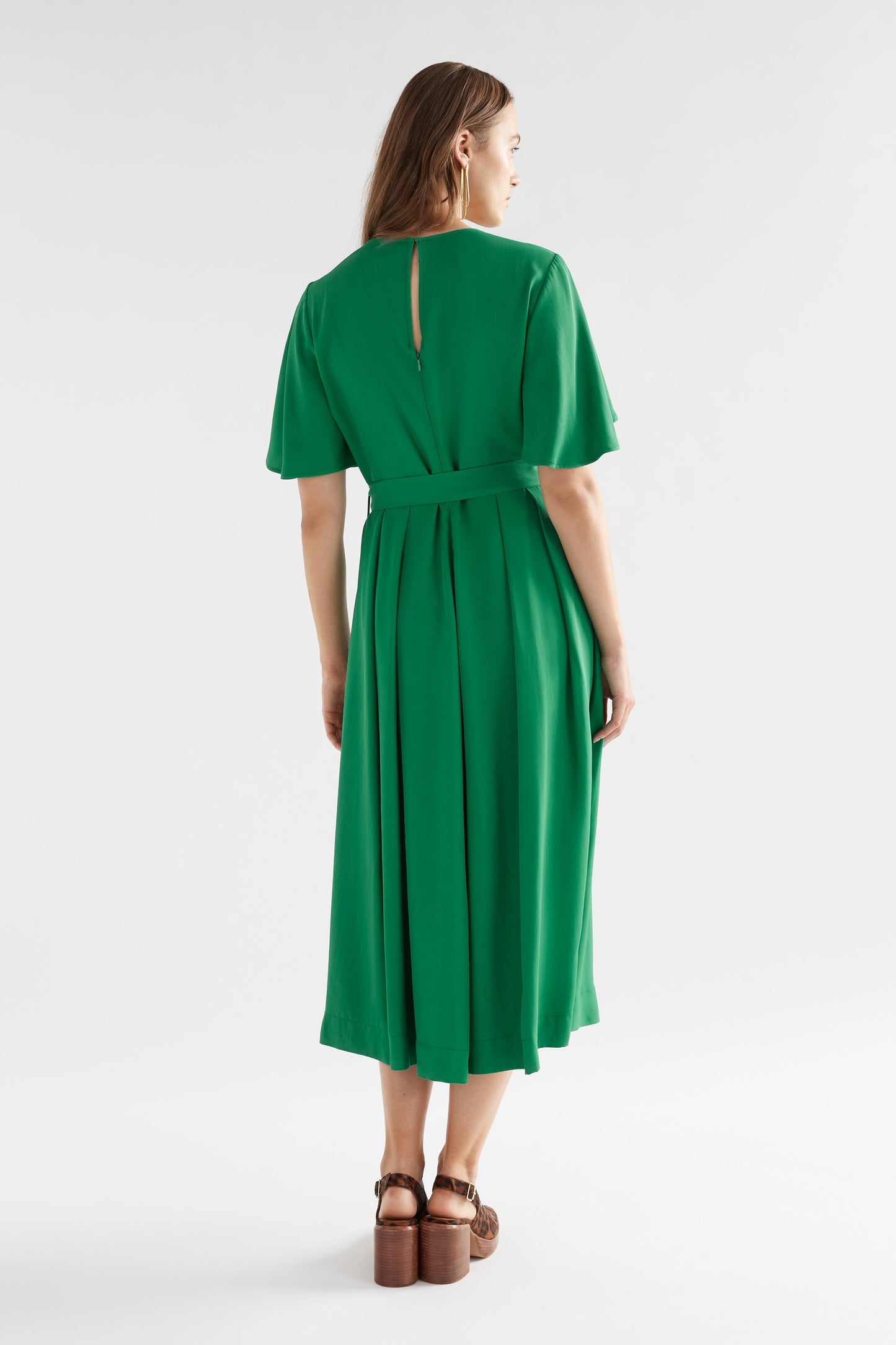 Deili V-Neck Flutter Sleeve A-line Dress Model Back | JEWEL GREEN