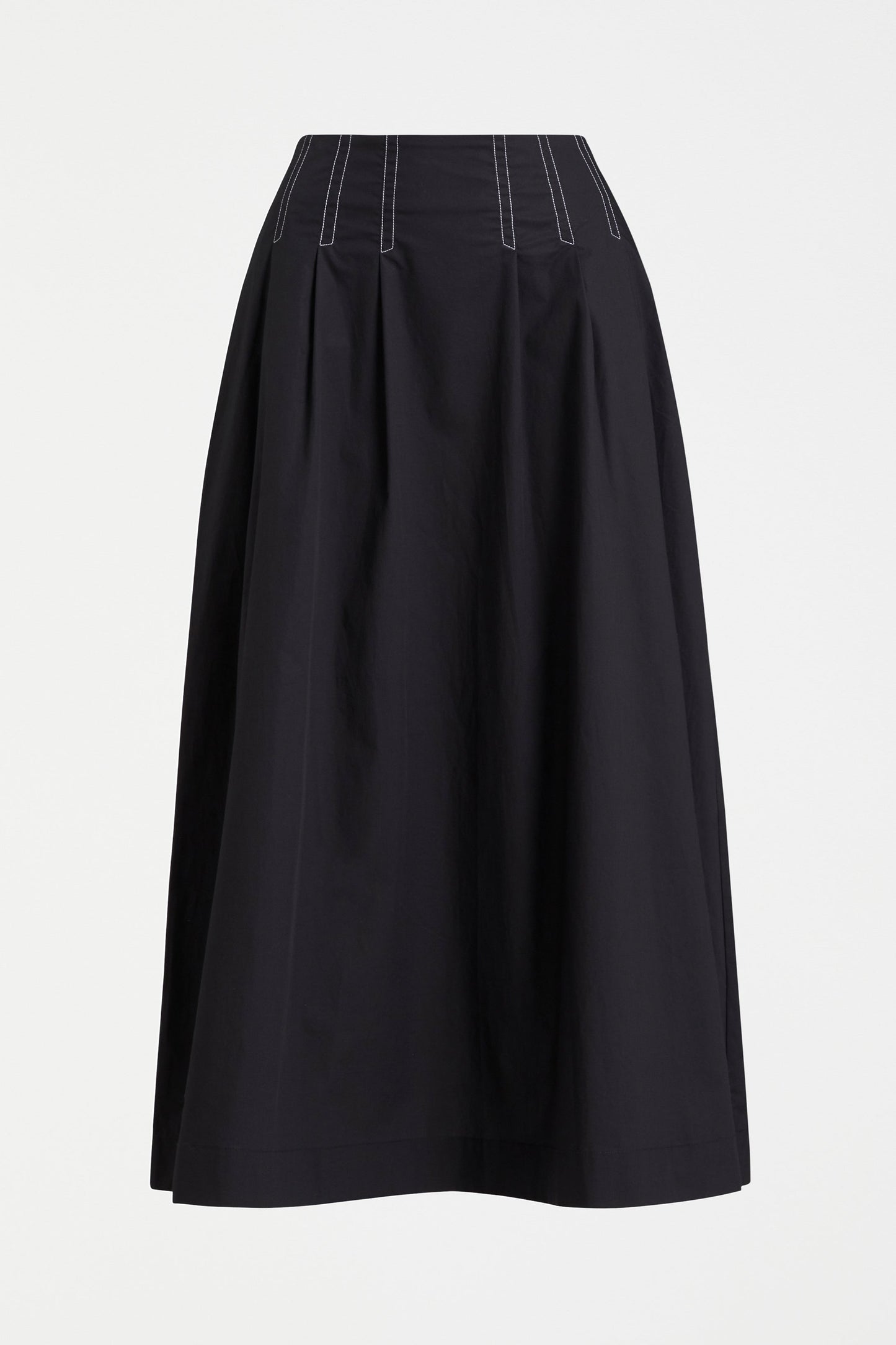 Takt Cotton Poplin Front Pleat Midi Skirt with Top Stitch Detailing Front | BLACK