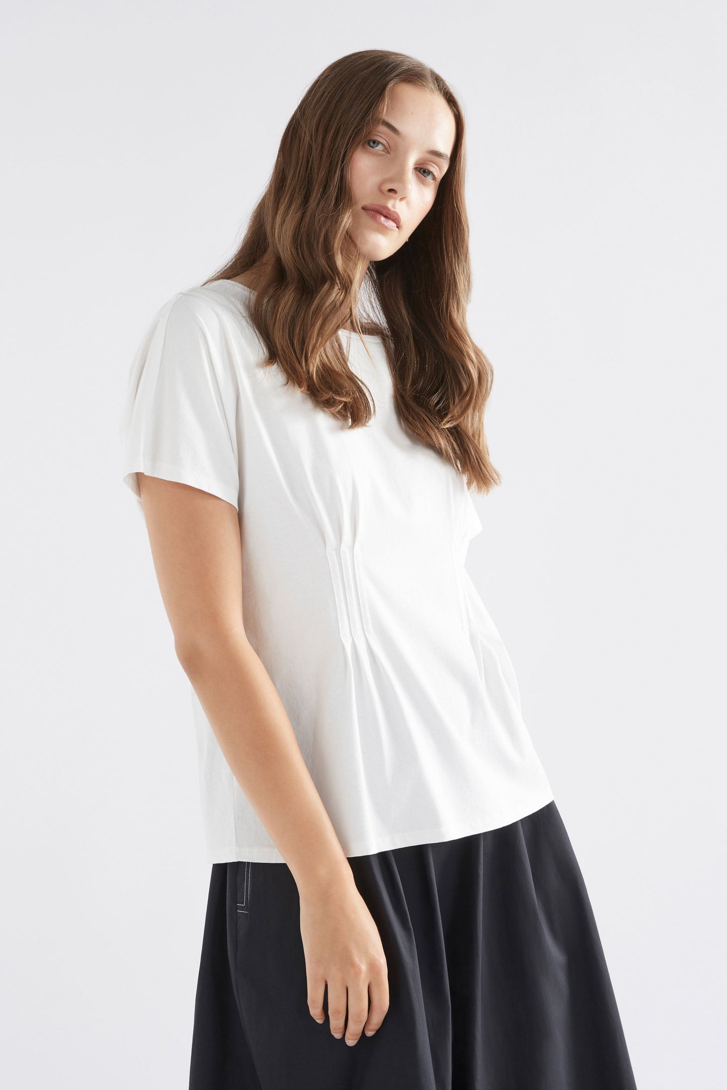 Enda Organic Cotton Pin Tuck Jersey Tshirt Model Front Crop | WHITE