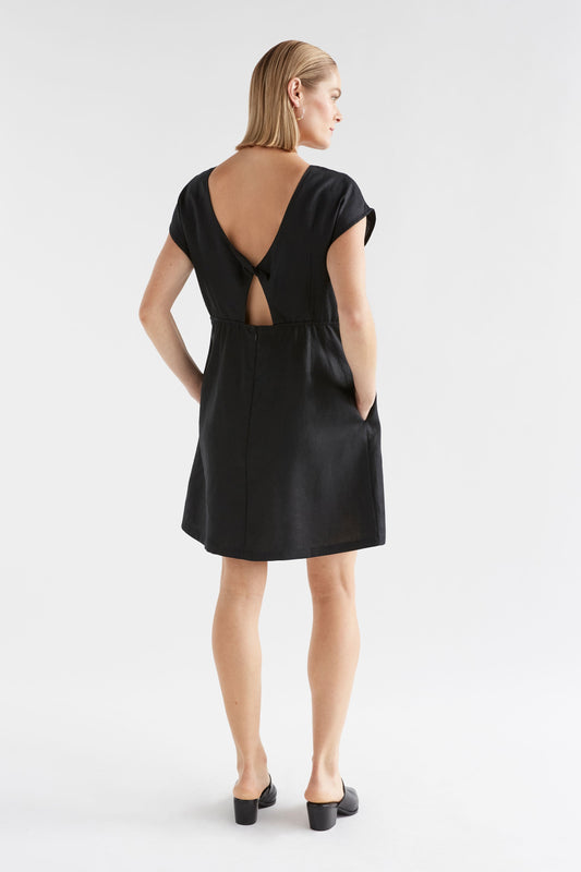 Honnor Twist Cut-Out Back Linen Short Dress Model Back | BLACK