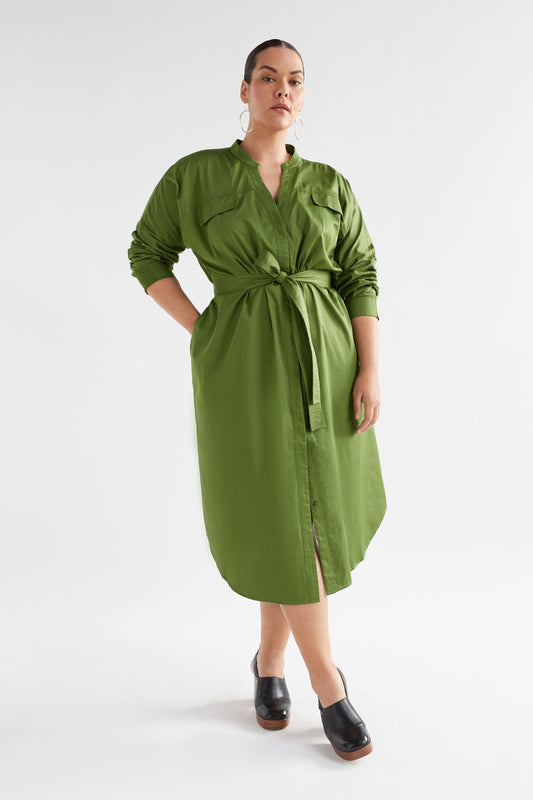 Eller Organic Cotton Midi Shirt Dress with Mandarin Collar Chest Pockets Front Curve Model waist tie | GREEN MOSS