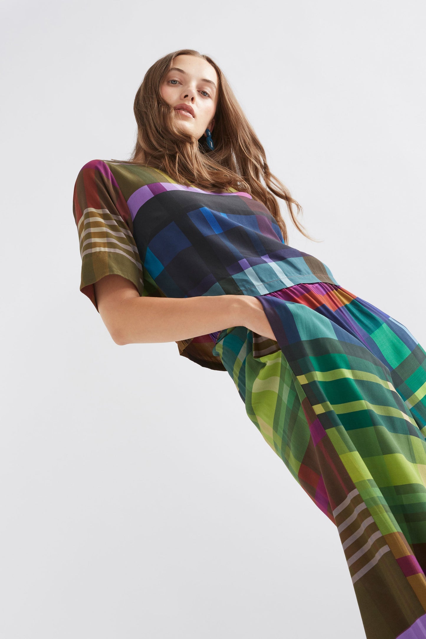 Ideell Silky Boxy Multi-coloured Print Top Model Front Full Body campaign style | ELODI PRINT