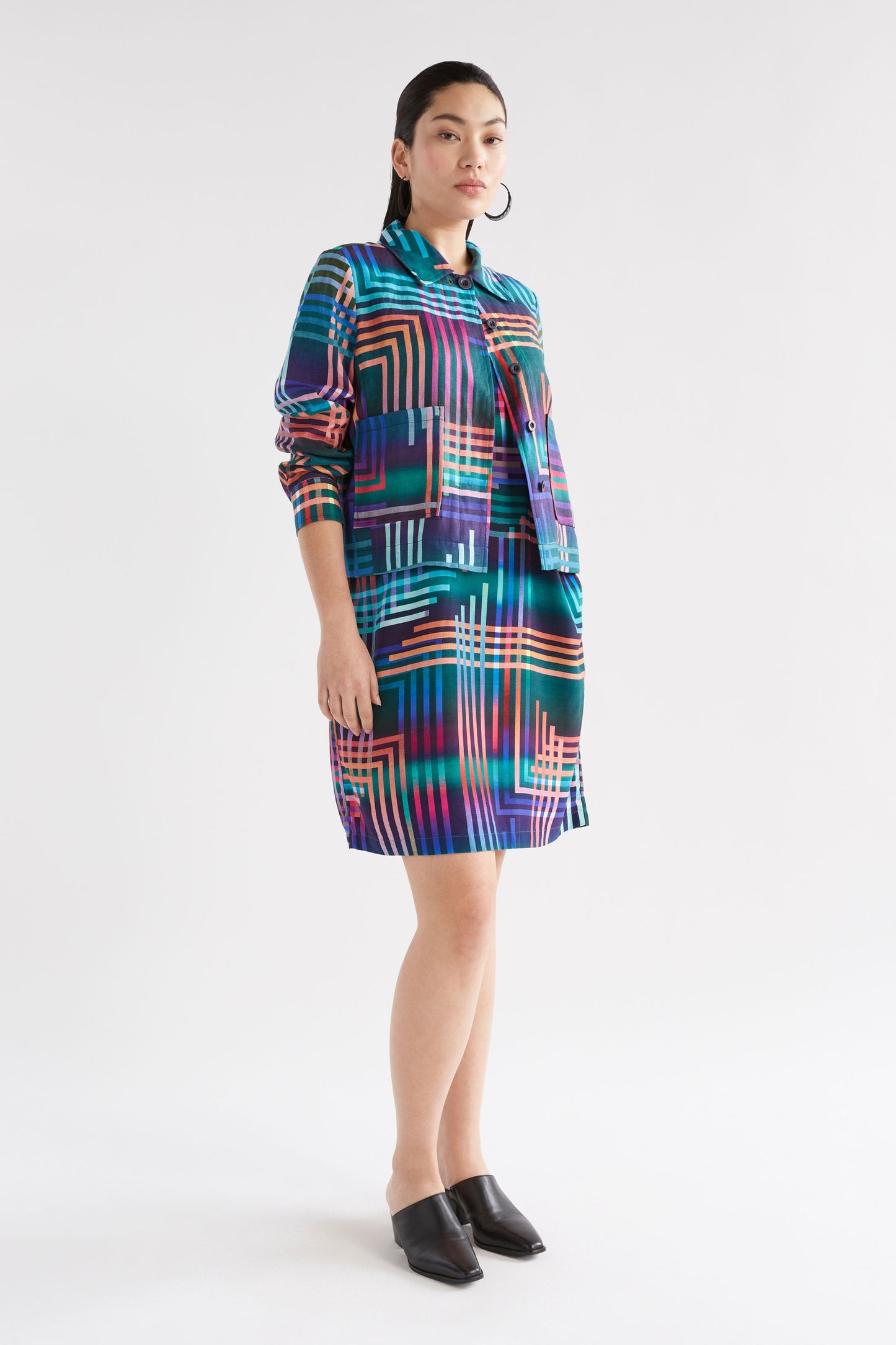 Eryn Silky Print Tee Shift Dress Model Front with Jacket | NAVY LIGHETEN PRINT