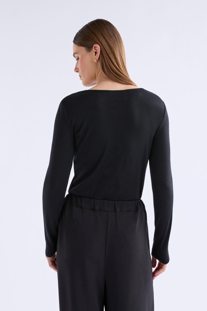 Merino Wool Long Sleeve Skin Top Model Bella Front | BLACK