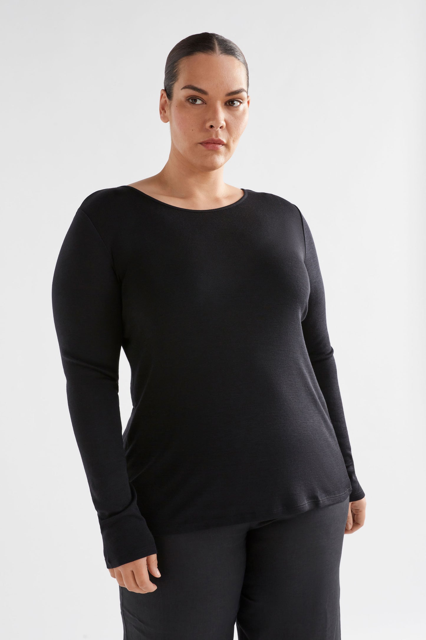 Merino Wool Long Sleeve Skin Top Model Front | BLACK