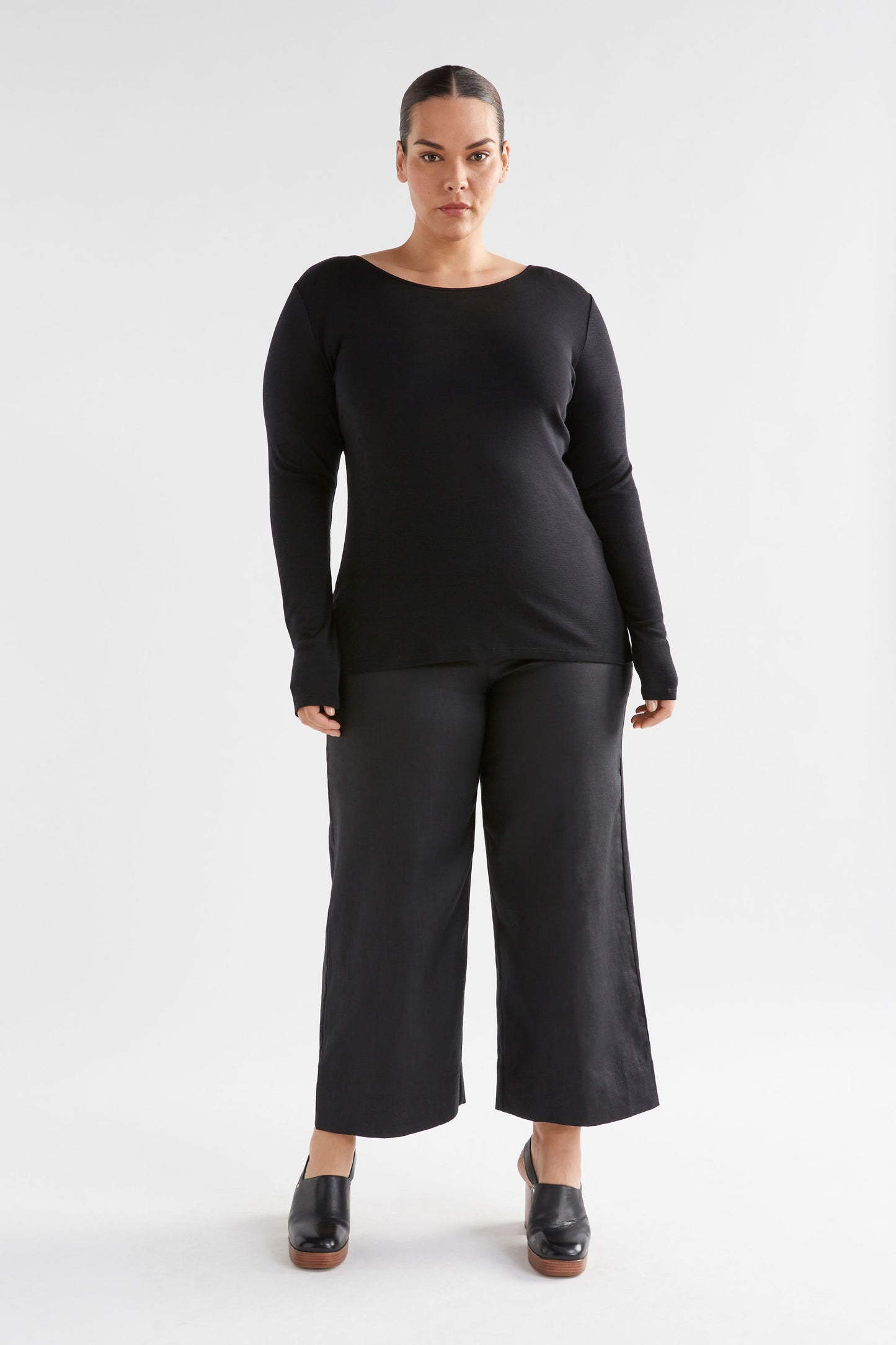 Merino Wool Long Sleeve Skin Top Model Front Full Body | BLACK