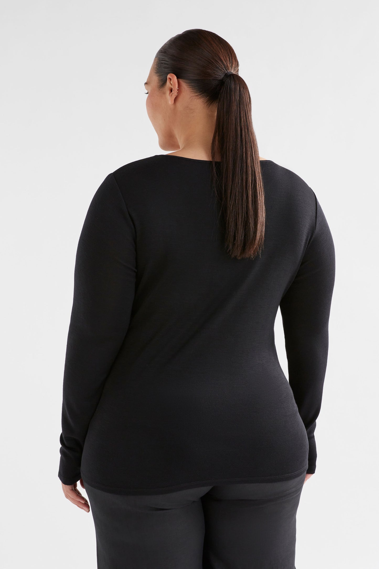 Merino Wool Long Sleeve Skin Top Model Back | BLACK