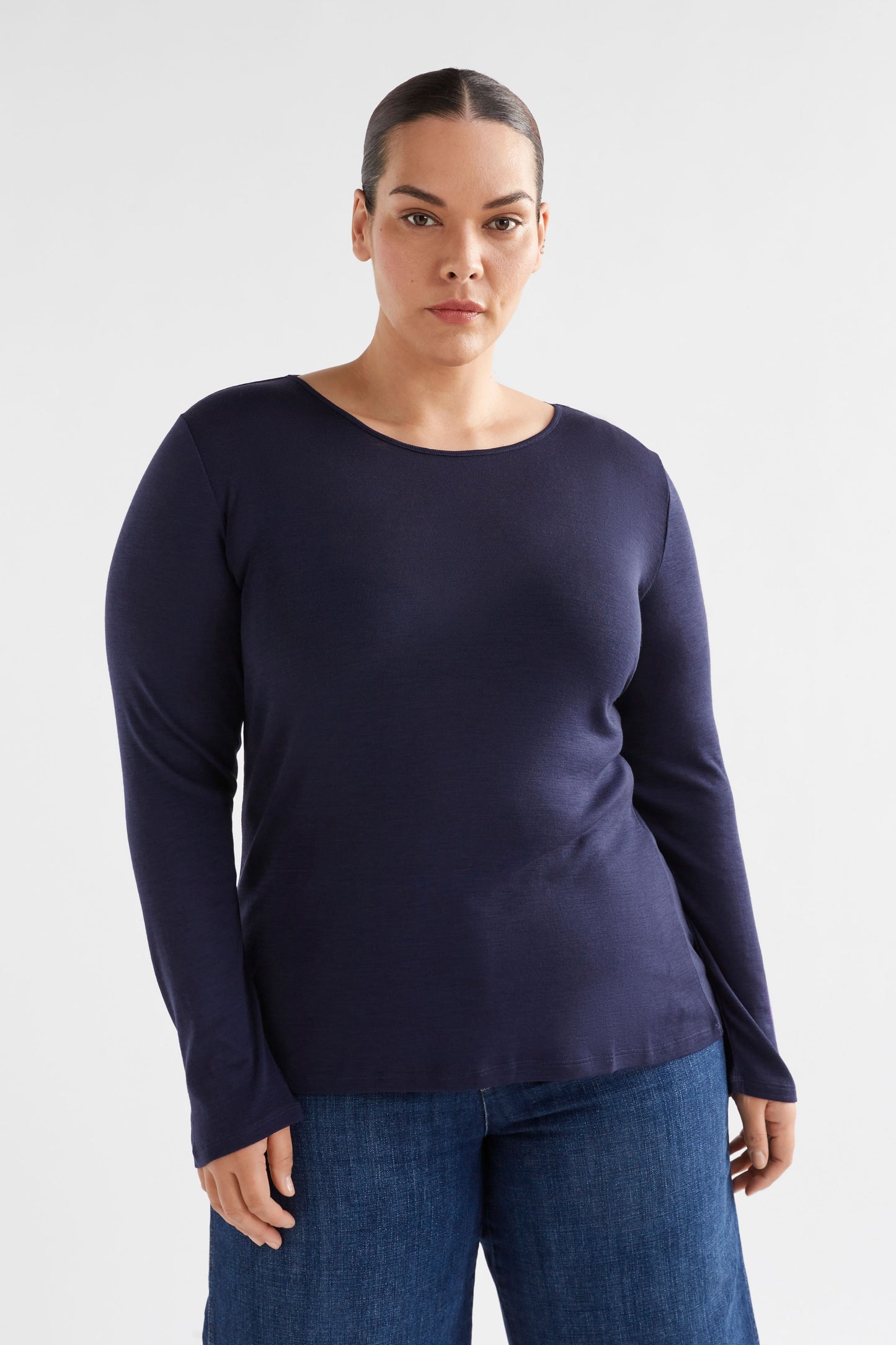 Merino Wool Long Sleeve Skin Top Model Front Curve | BRIGHT NAVY