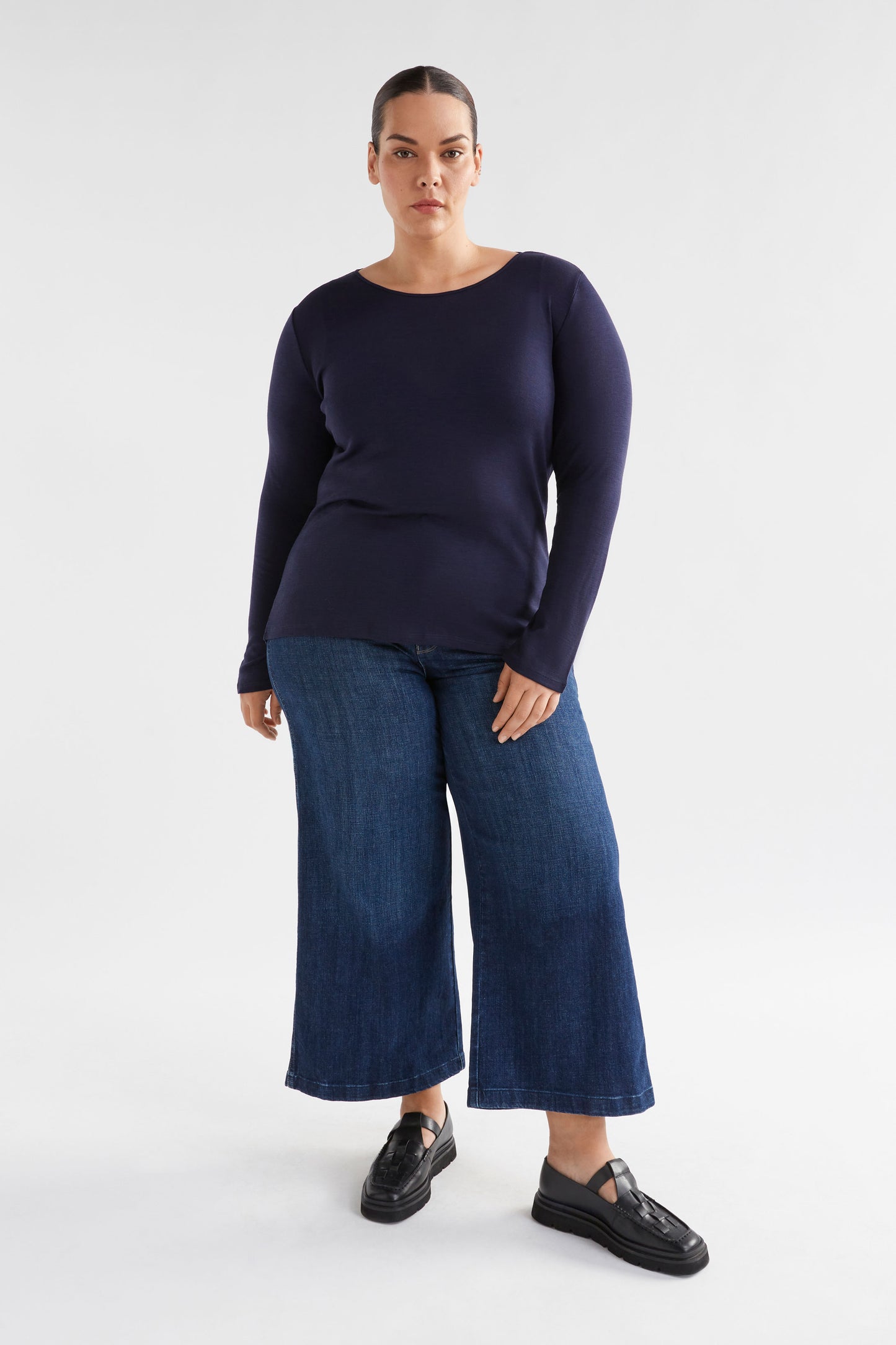 Merino Wool Long Sleeve Skin Top Model Front Full Body Curve | BRIGHT NAVY