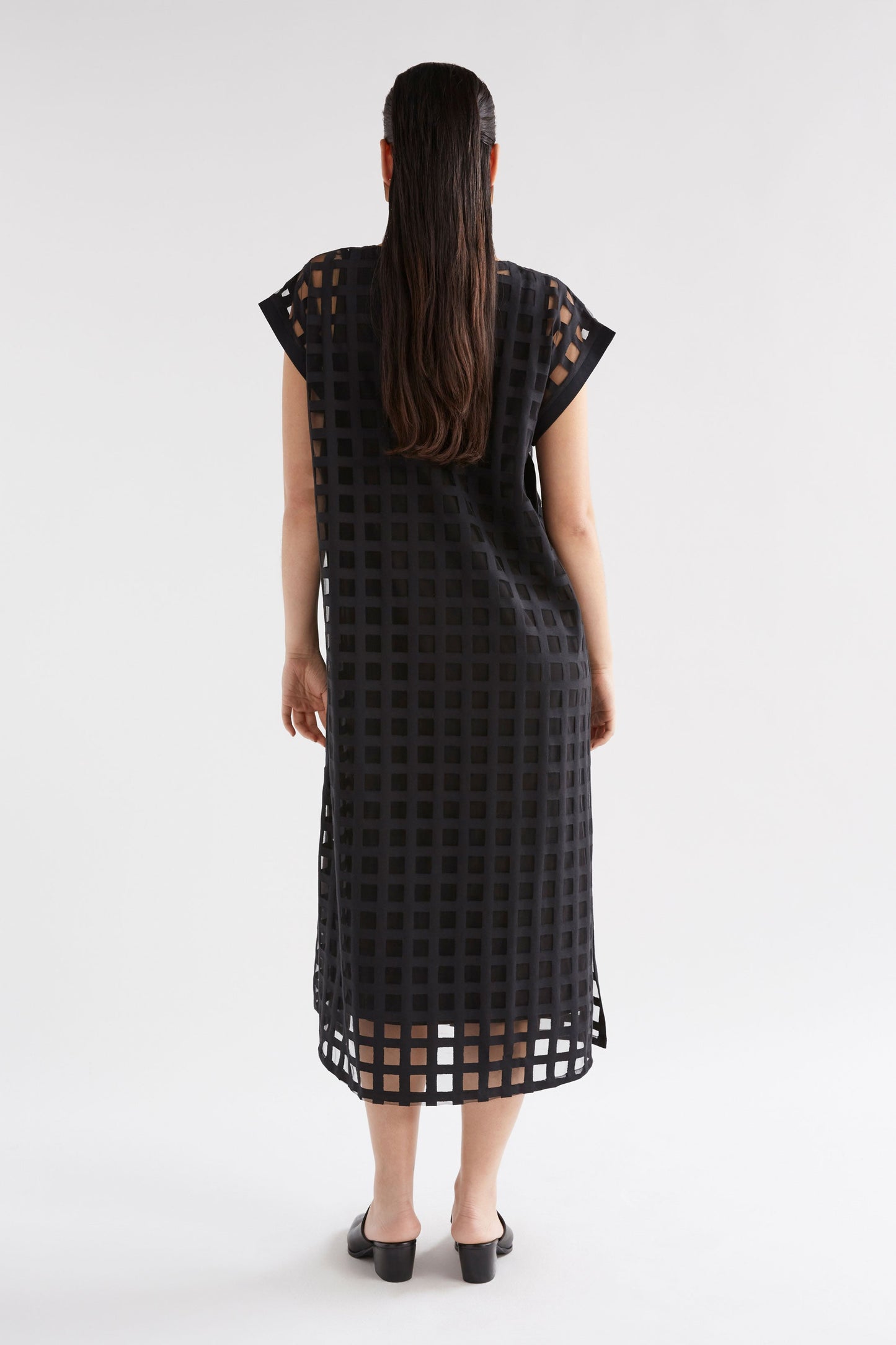 Grid Burnout Organic Cotton Blend Midi Tshirt Dress Model Back  | BLACK