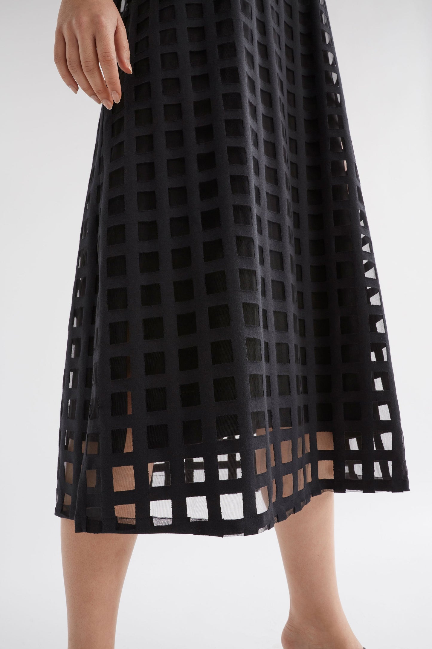 Grid Burnout Organic Cotton Blend Midi Tshirt Dress Model Skirt Detail  | BLACK