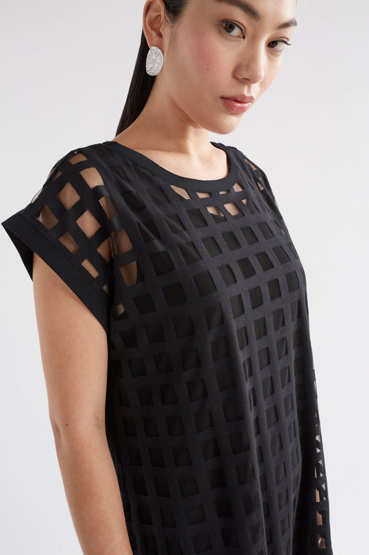 Grid Burnout Organic Cotton Blend Midi Tshirt Dress Model Front detail  | BLACK