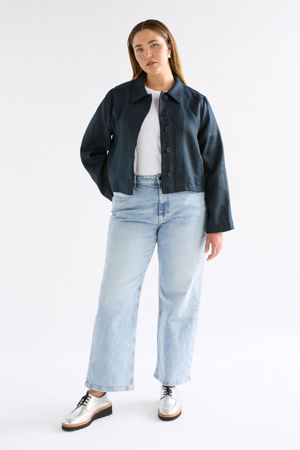 Njord Hemp Herringbone Relaxed Button Up Jacket Model Chanel Front full Body | INK