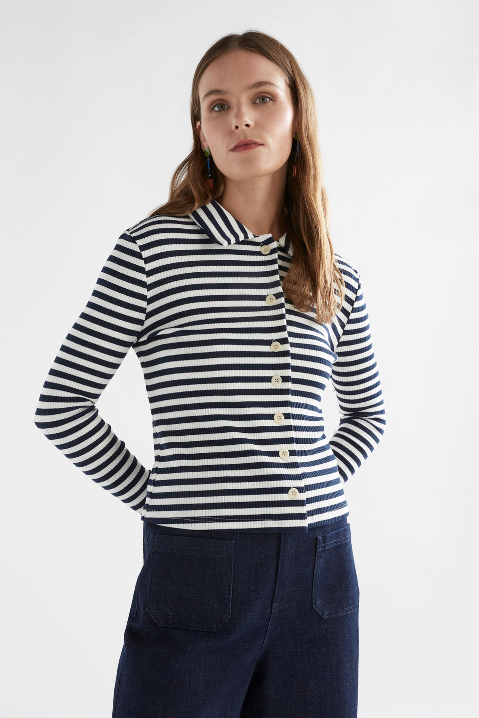 Kullan Fitted Ribbed Striped Button Up Shirt Model Front | WHITE INK STRIPE