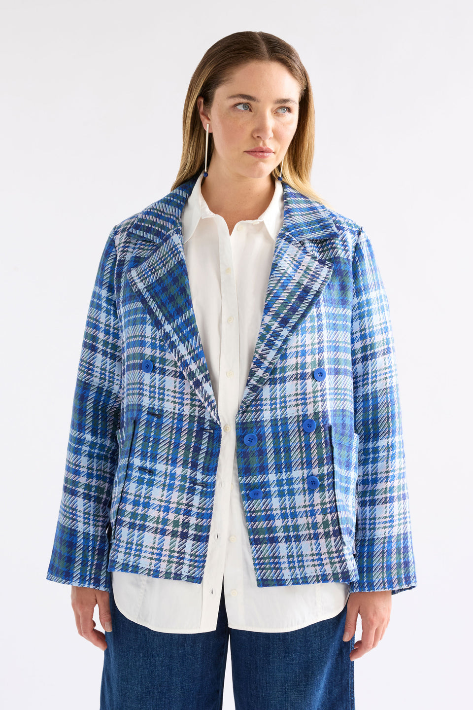 Ranie Double Breasted Woven Linen Check Blazer Jacket Model Chanel Front | BLUE MULTI CHECK