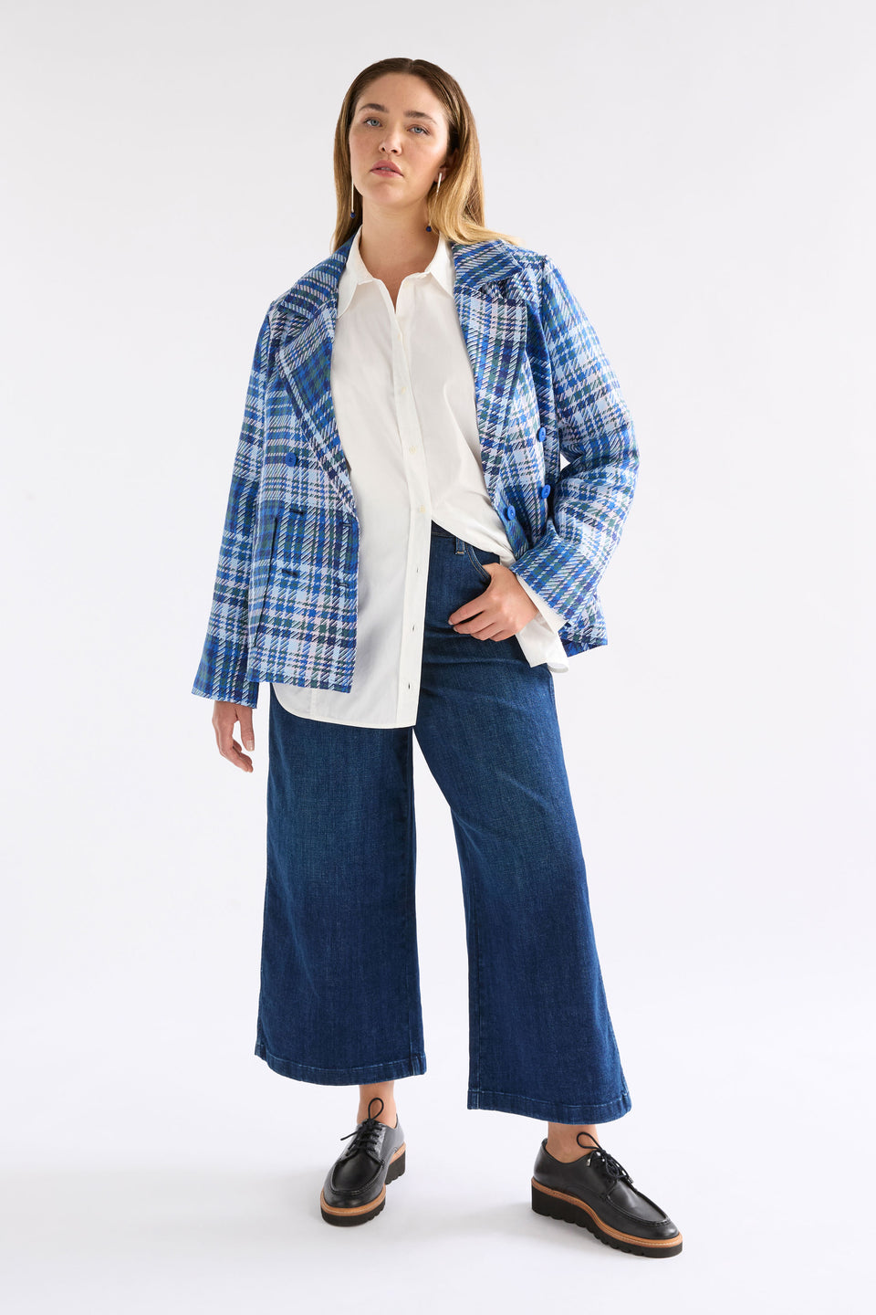 Ranie Double Breasted Woven Linen Check Blazer Jacket Model Chanel Front full body | BLUE MULTI CHECK
