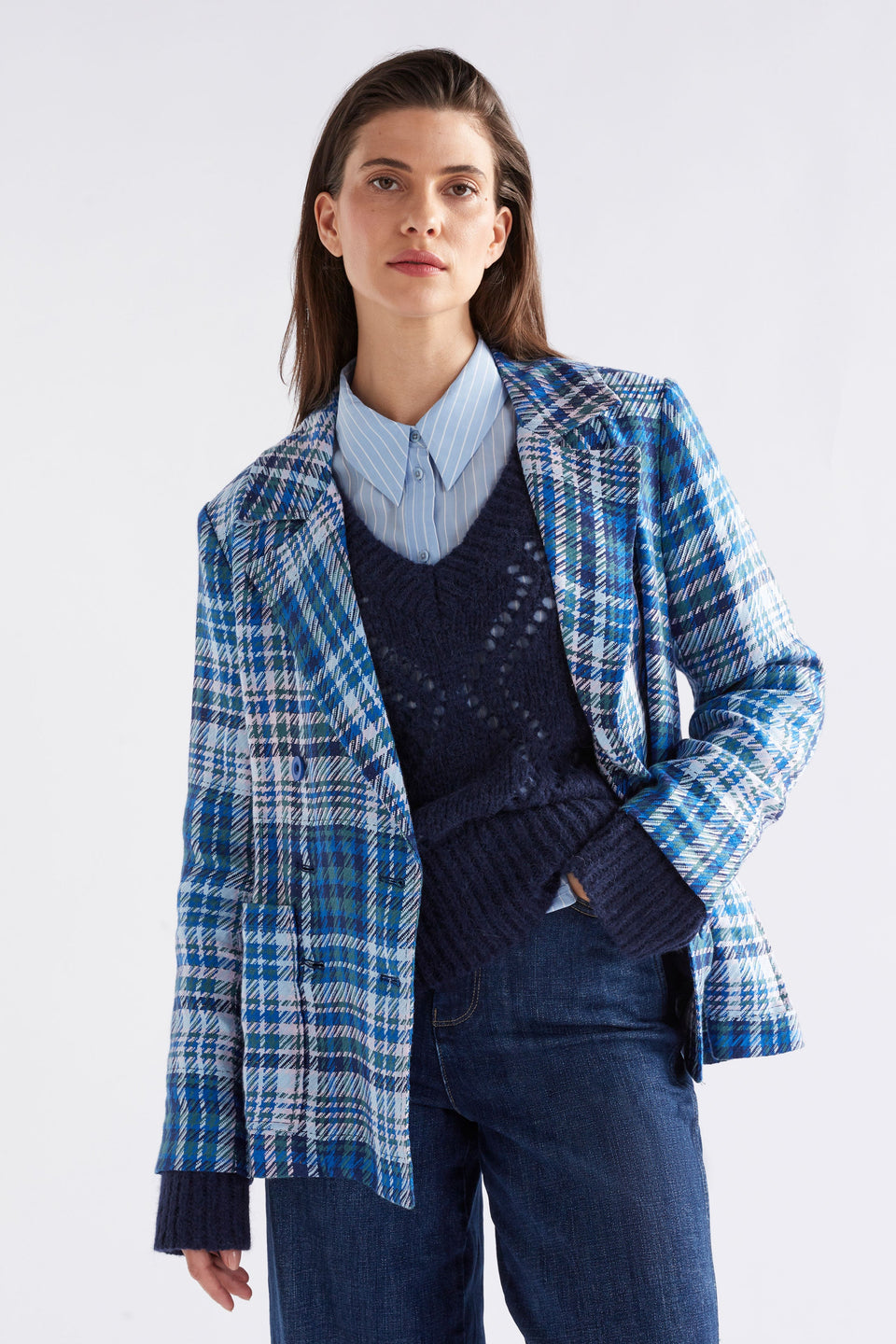 Ranie Double Breasted Woven Linen Check Blazer Jacket Model Front | BLUE MULTI CHECK