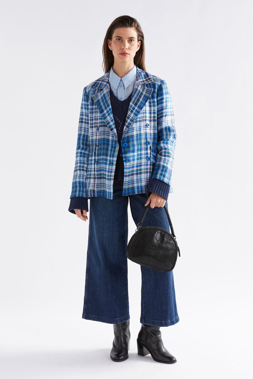 Ranie Double Breasted Woven Linen Check Blazer Jacket Model Front full body | BLUE MULTI CHECK