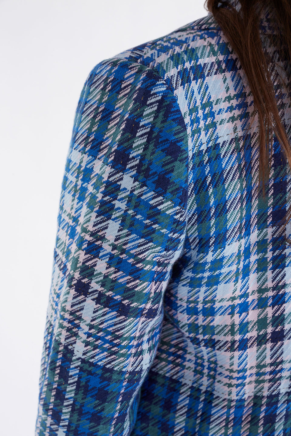 Ranie Double Breasted Woven Linen Check Blazer Jacket Model Fabric detail | BLUE MULTI CHECK