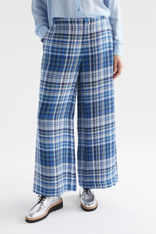 Ranie Wide Leg Woven Linen Check High Waisted Pant Model Front crop | BLUE MULTI CHECK