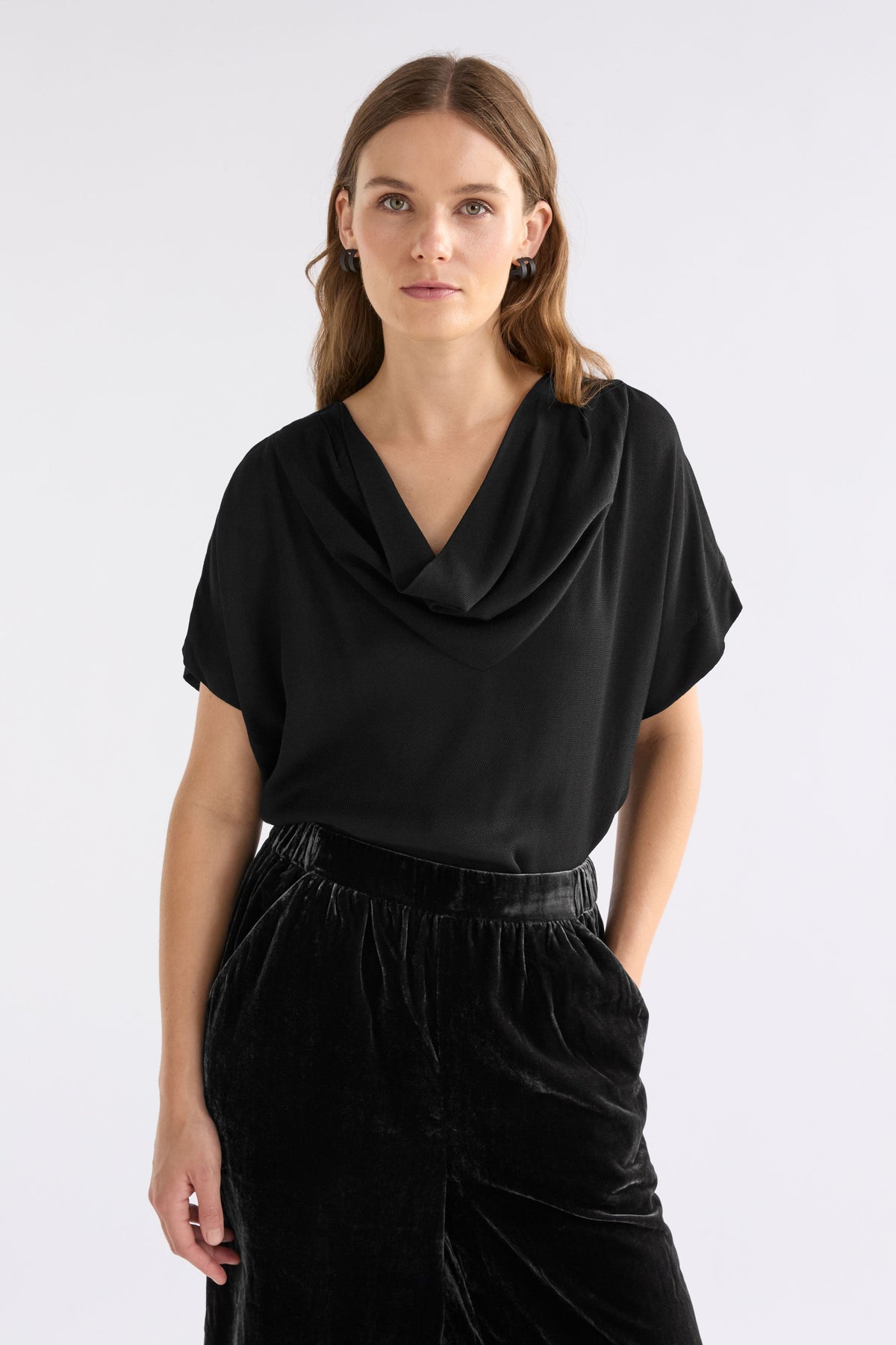 Pemma Textured Viscose Cowl Neck Short Sleeve Top Model front | BLACK
