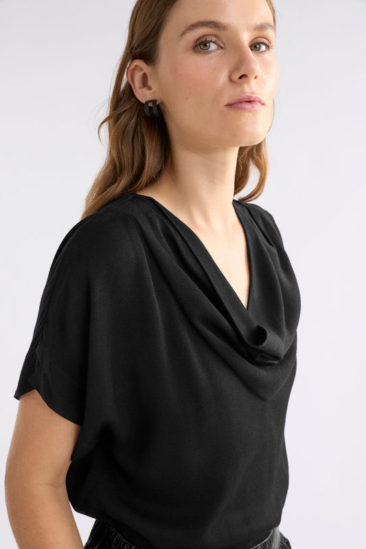 Pemma Textured Viscose Cowl Neck Short Sleeve Top Model front detail | BLACK