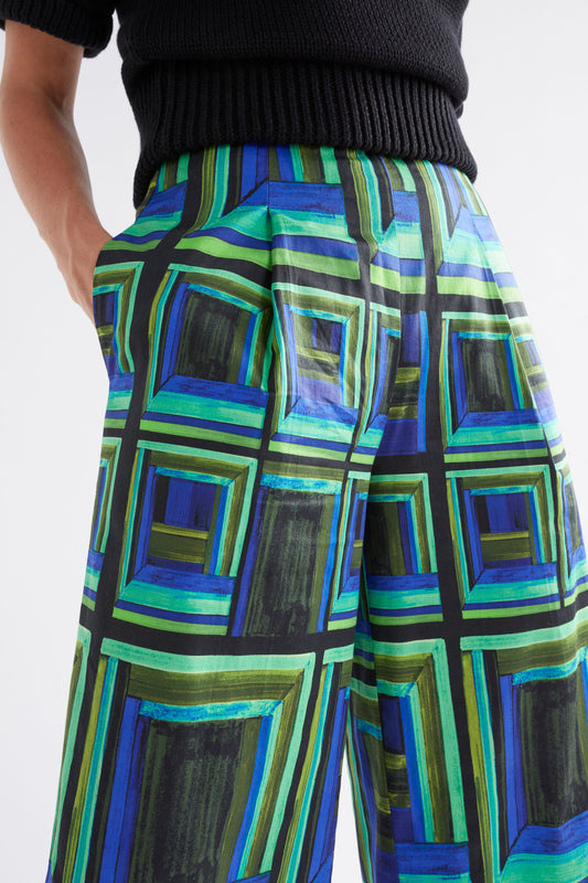 Rodan Organic Cotton Bold Print Front Pleat Wide Leg Pant Model Front Detail | SALONE PRINT