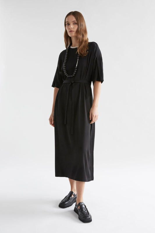 Alden Midi Jersey Tee Dress with Waist Tie Model Front | BLACK