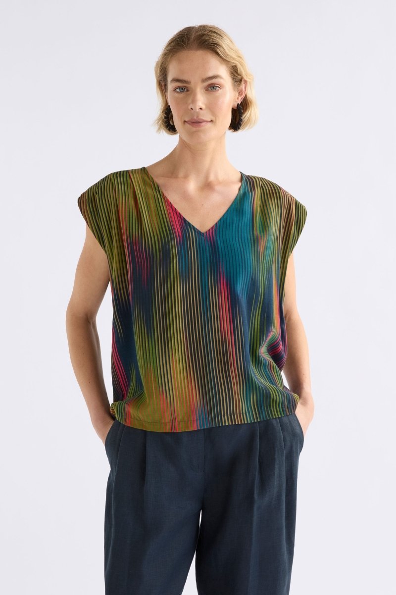 Kirra V-neck Short Sleeve Silky Evening day Top ELK model Front | ARRAN STRIPE PRINT