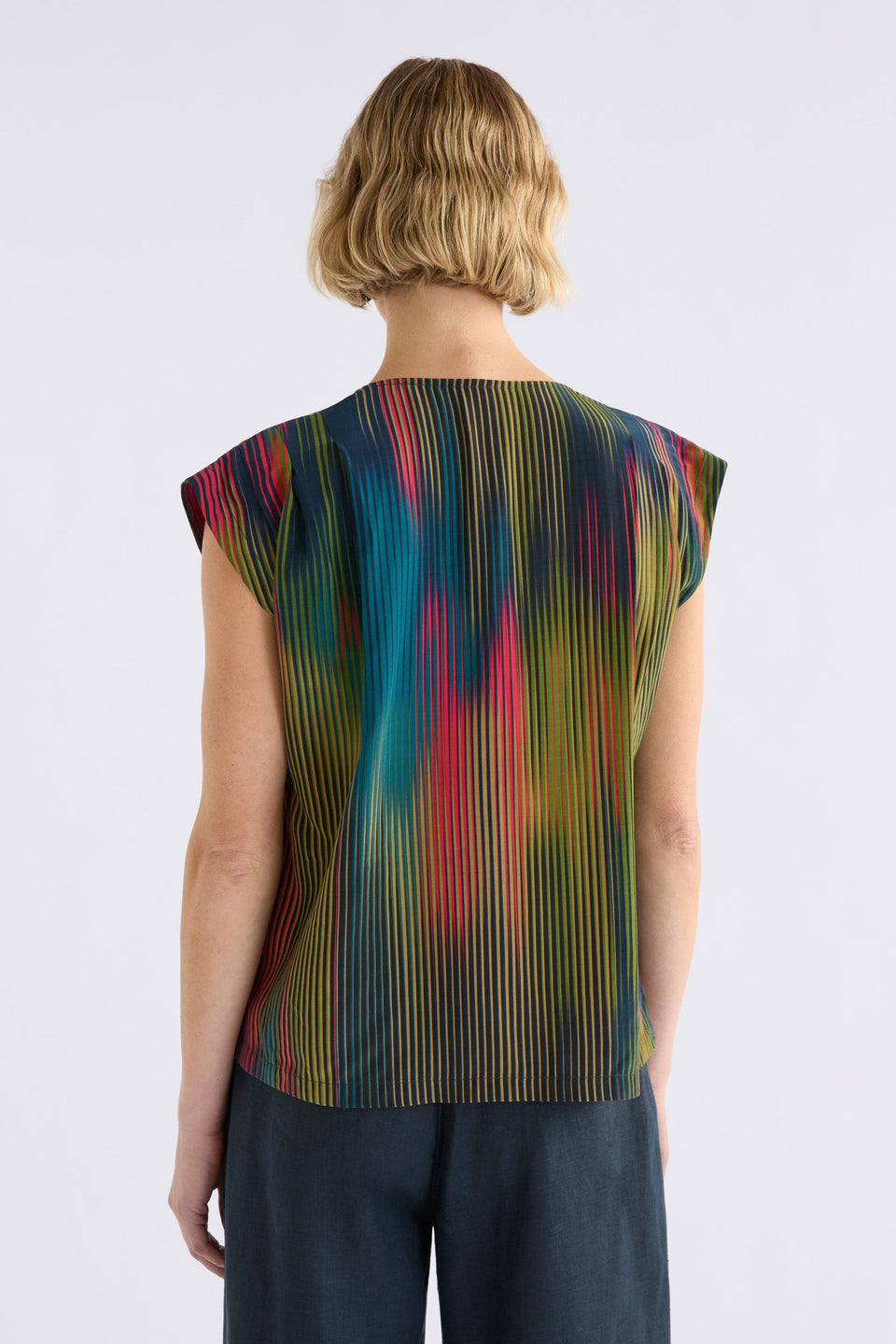 Kirra V-neck Short Sleeve Silky Evening day Top ELK model Back | ARRAN STRIPE PRINT