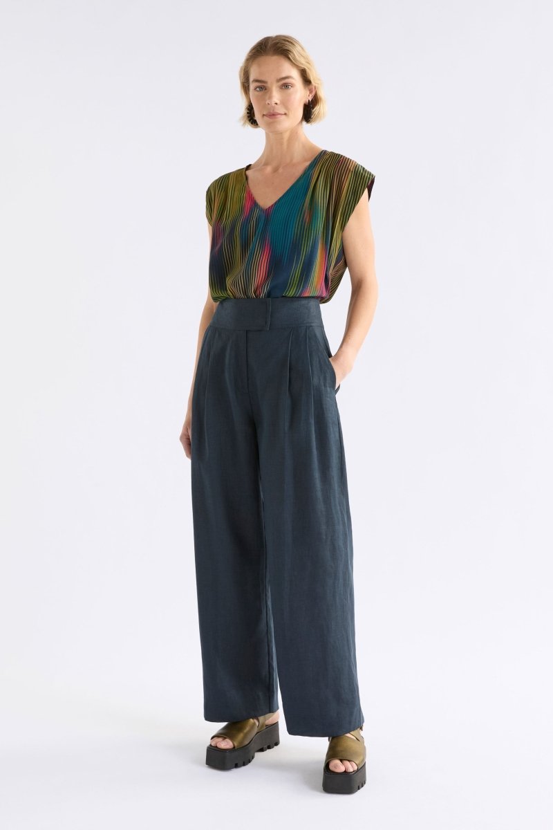 Kirra V-neck Short Sleeve Silky Evening day Top ELK model Front Full Body Tucked | ARRAN STRIPE PRINT