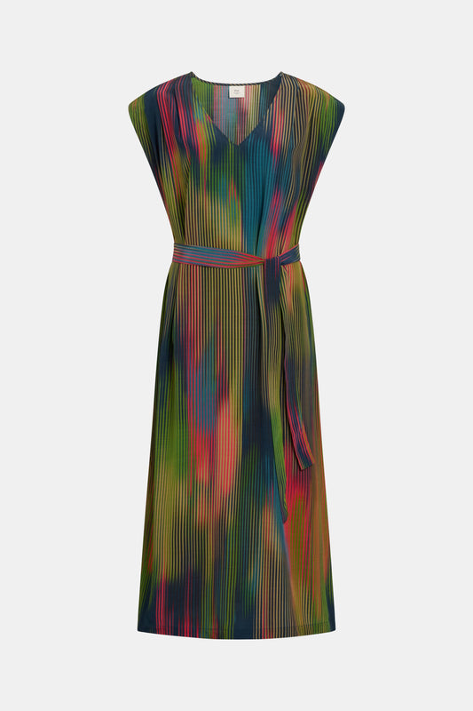 Kirra Multi Coloured Short Sleeve V-Neck Midi Dress Front ELK | ARRAN STRIPE PRINT