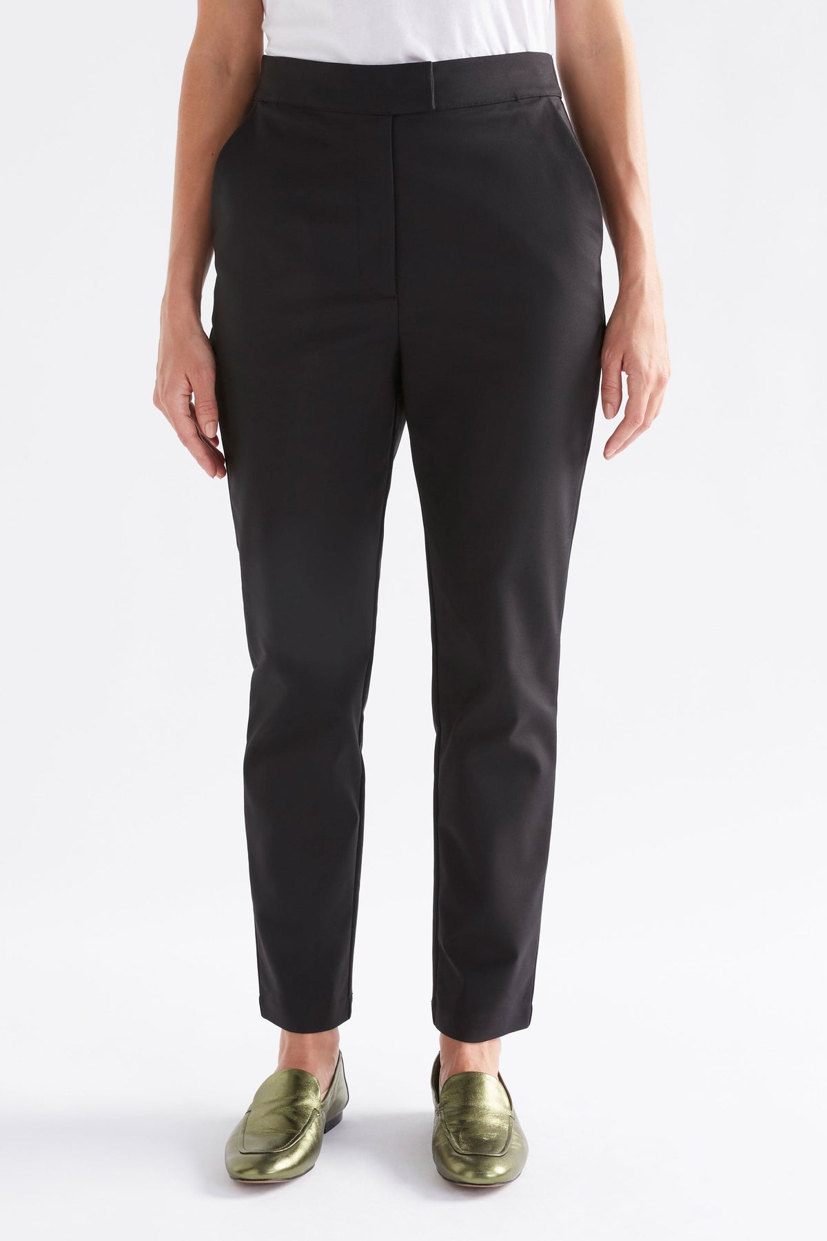Sorell Organic Cotton Stretch Slim Leg Pant Model Front crop | BLACK
