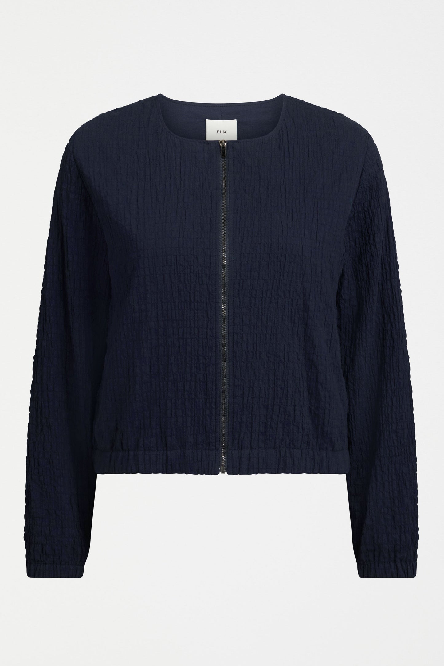 Huvet Crinkle Texture Organic Cotton Zip up Cropped Jacket Front | NEW NAVY