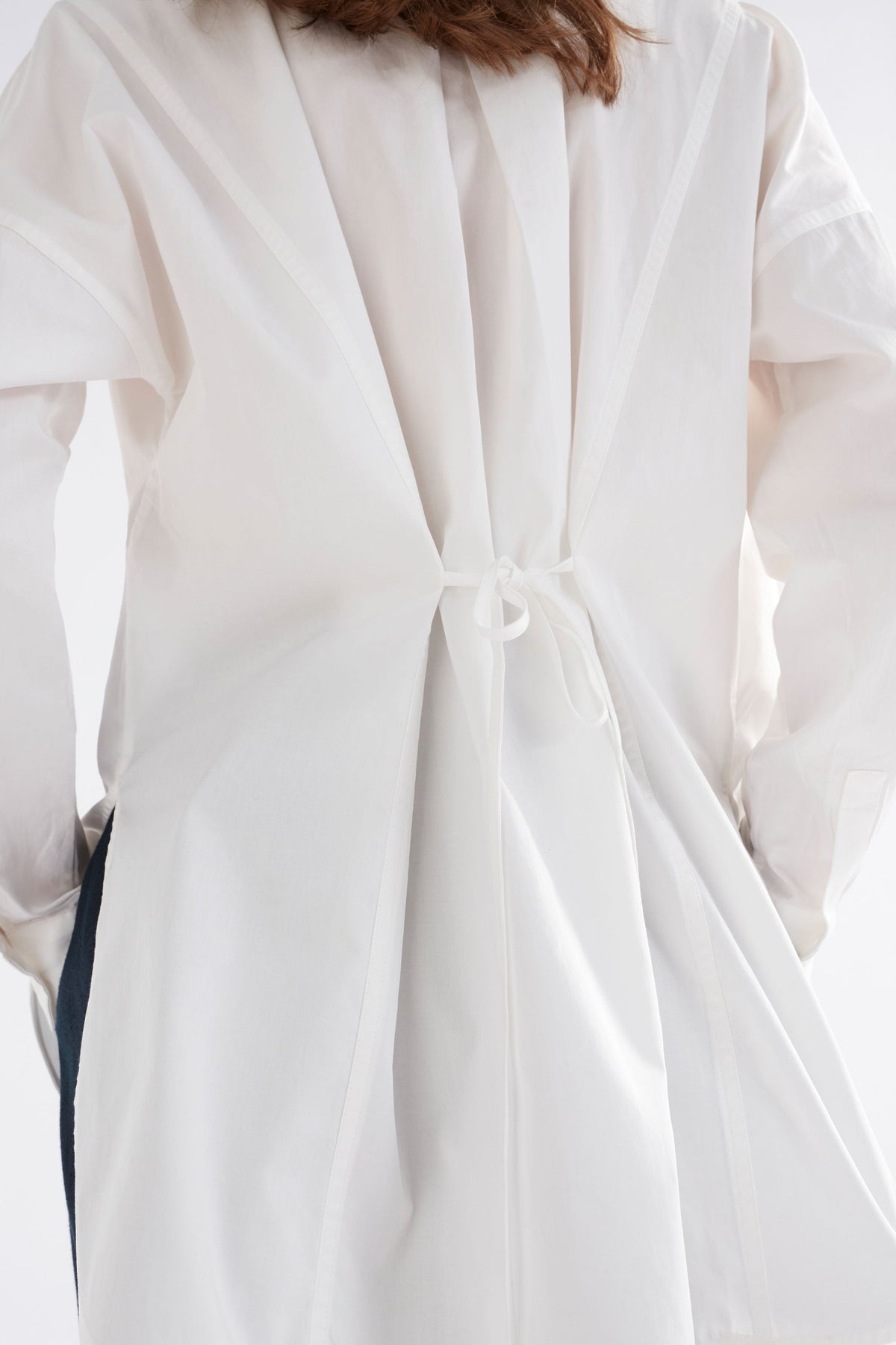 Tiga Organic Cotton Back Pleat and Tie Detail Shirt Model Back Detail | WHITE