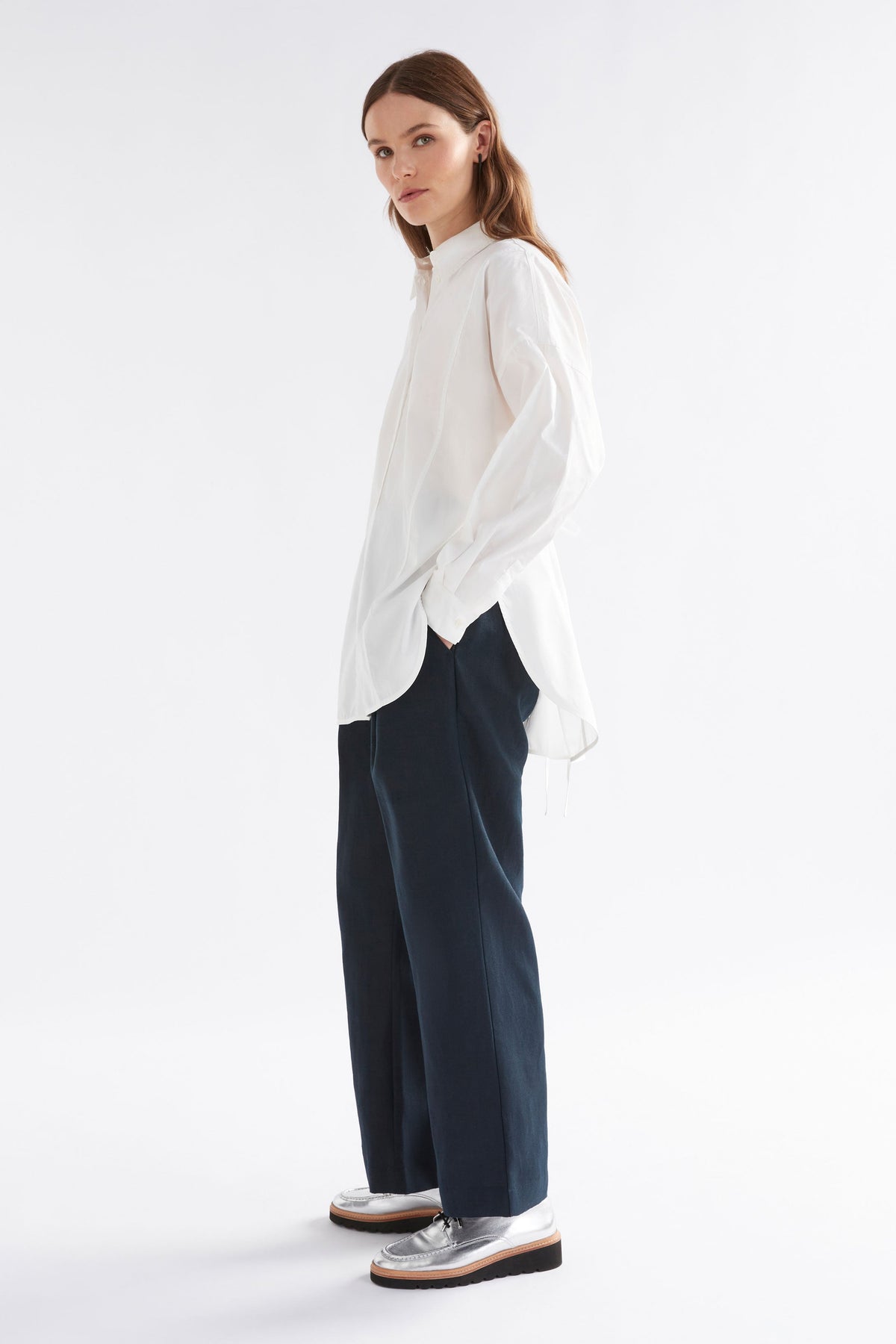 Tiga Organic Cotton Back Pleat and Tie Detail Shirt Model Side | WHITE